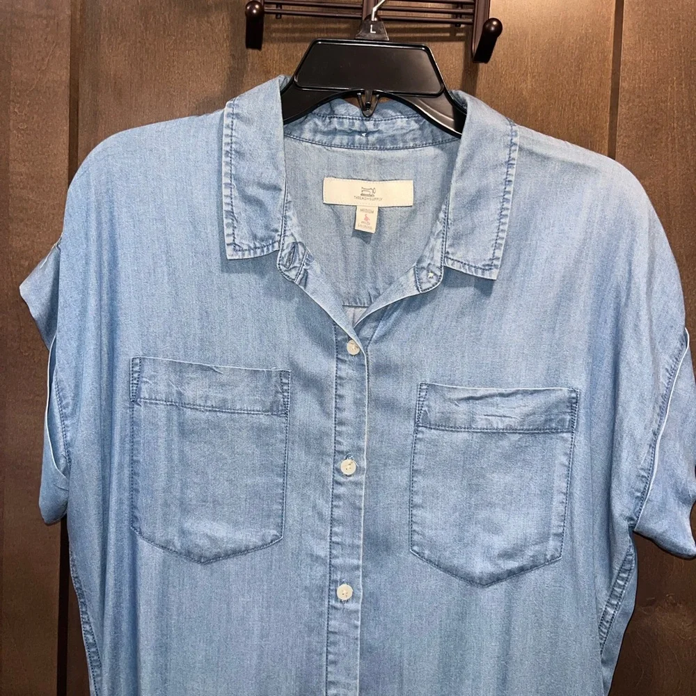 Light Blue Denim Shirt Dress with raw hem - Picture 2 of 4